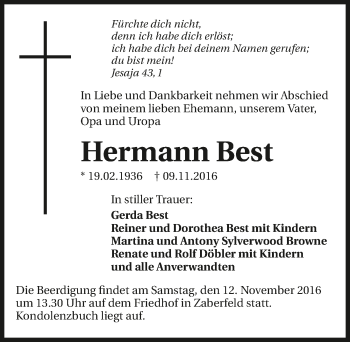 Traueranzeige von Hermann Best 