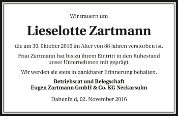 Traueranzeige von Lieselotte Zartmann 