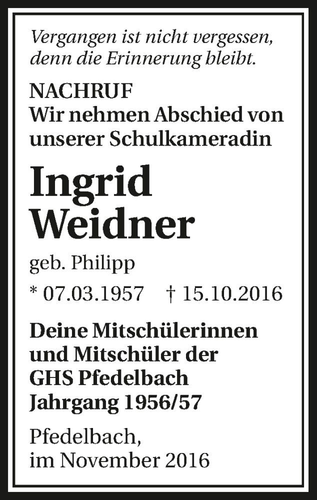  Traueranzeige für Ingrid Weidner vom 02.11.2016 aus 