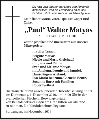 Traueranzeige von Paul Walter Matyas 