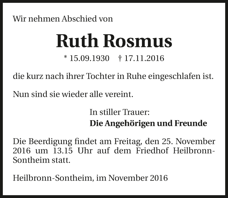  Traueranzeige für Ruth Rosmus vom 23.11.2016 aus 
