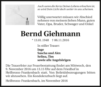 Traueranzeige von Bernd Giehmann 