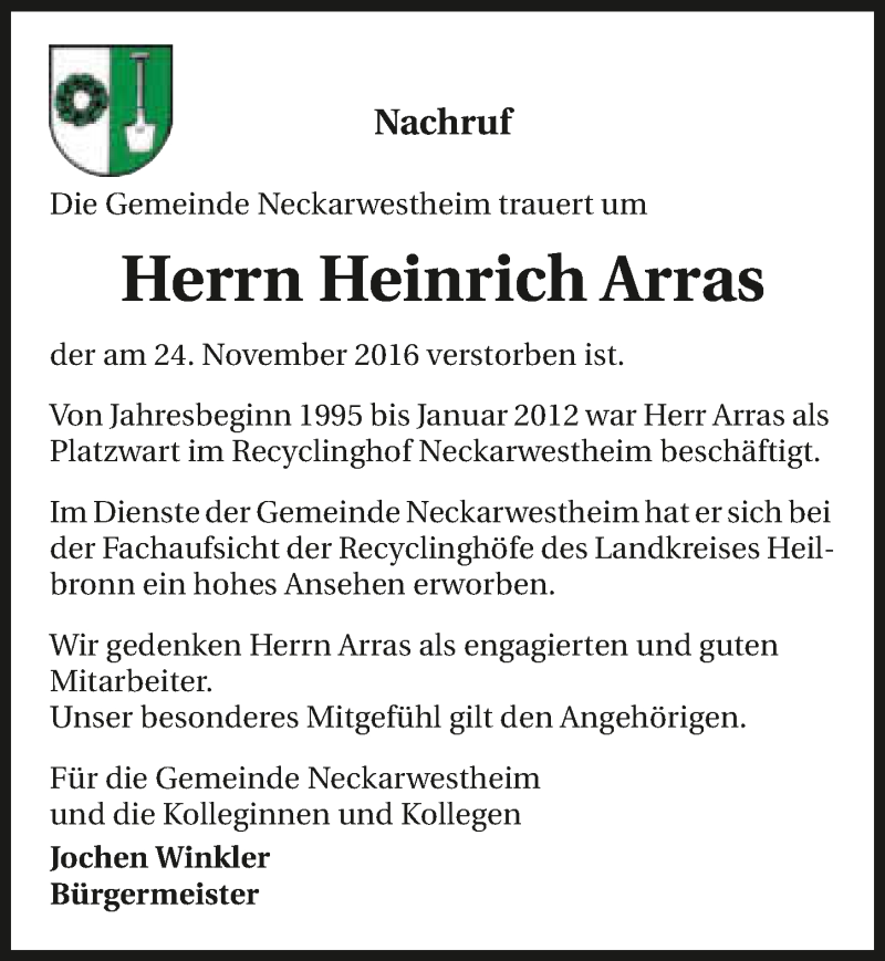  Traueranzeige für Heinrich Arras vom 29.11.2016 aus 