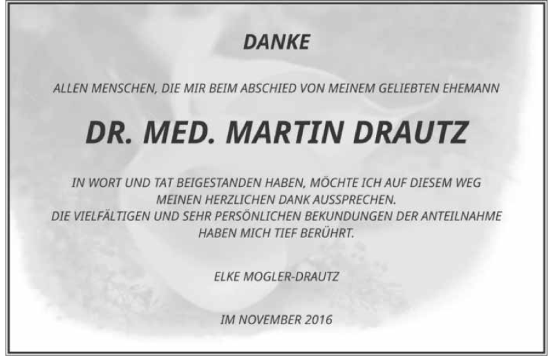  Traueranzeige für Martin Drautz vom 26.11.2016 aus 