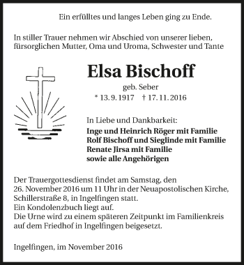 Traueranzeige von Elsa Bischoff 