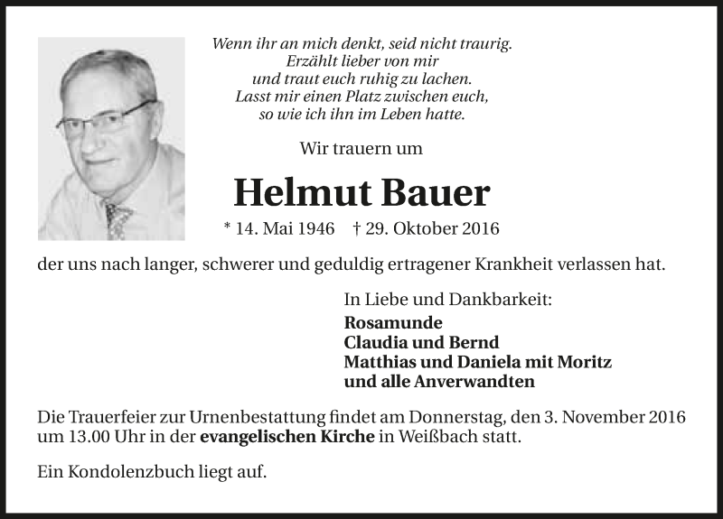  Traueranzeige für Helmut Bauer vom 02.11.2016 aus 