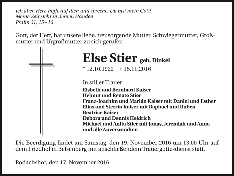  Traueranzeige für Else Stier vom 17.11.2016 aus 