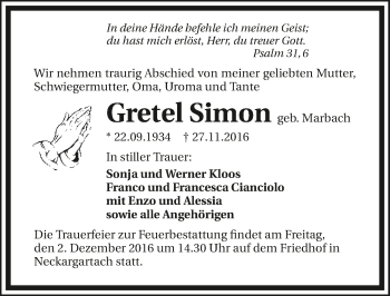 Traueranzeige von Gretel Simon 