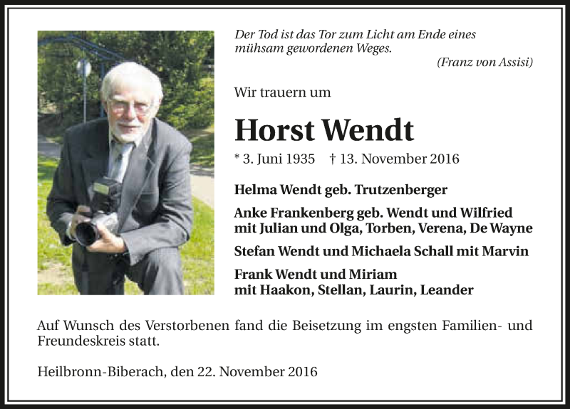  Traueranzeige für Horst Wendt vom 22.11.2016 aus 