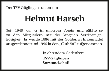 Traueranzeige von Helmut Harsch 