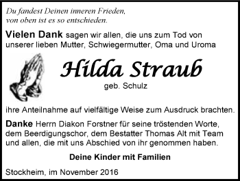 Traueranzeige von Hilda Straub 