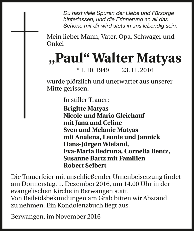  Traueranzeige für Paul Walter Matyas vom 29.11.2016 aus 