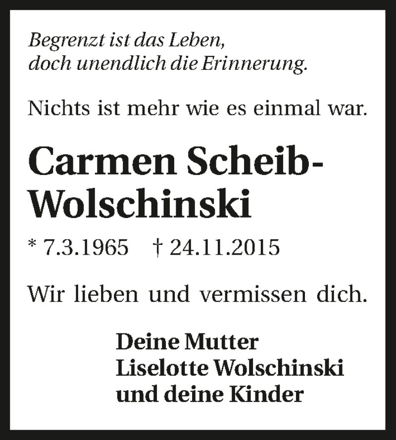  Traueranzeige für Carmen Scheib-Wolschinski vom 24.11.2016 aus 