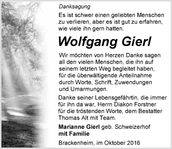 Traueranzeige von Wolfgang Gierl 
