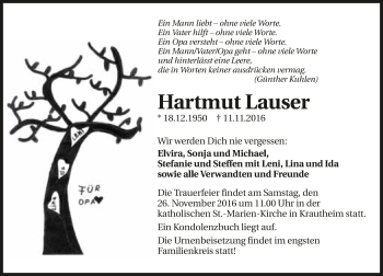 Traueranzeige von Hartmut Lauser 
