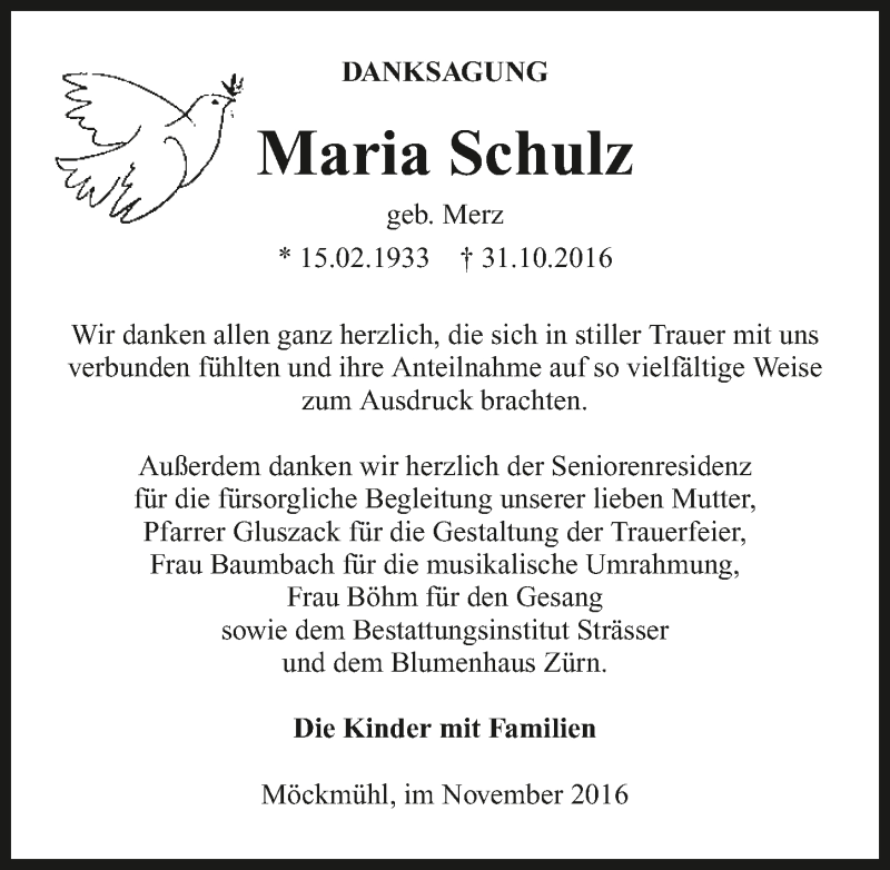  Traueranzeige für Maria Schulz vom 12.11.2016 aus 