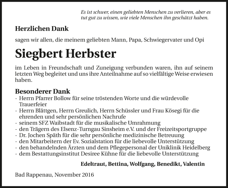  Traueranzeige für Siegbert Herbster vom 05.11.2016 aus 