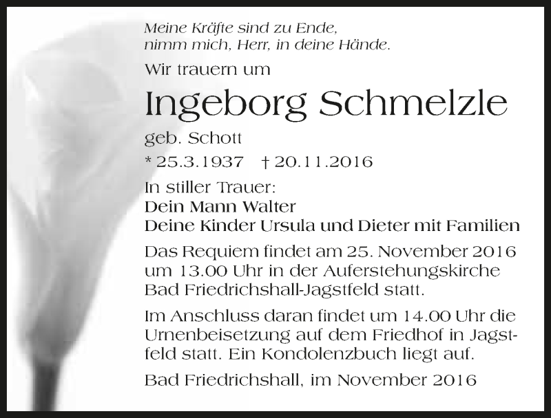  Traueranzeige für Ingeborg Schmelzle vom 23.11.2016 aus 