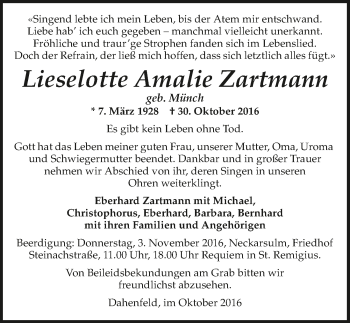 Traueranzeige von Lieselotte Amalie Zartmann 