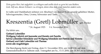 Traueranzeige von Kreszentia Lobmüller 