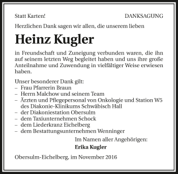 Traueranzeige von Heinz Kugler 