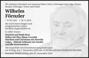 Traueranzeige von Wilhelm Förnzler 