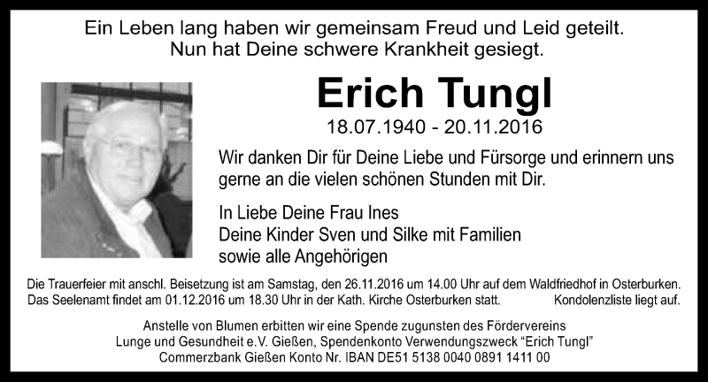  Traueranzeige für Erich Tungl vom 23.11.2016 aus 