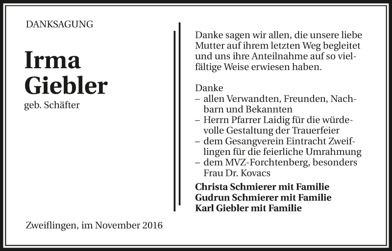  Traueranzeige für Irma Giebler vom 17.11.2016 aus 