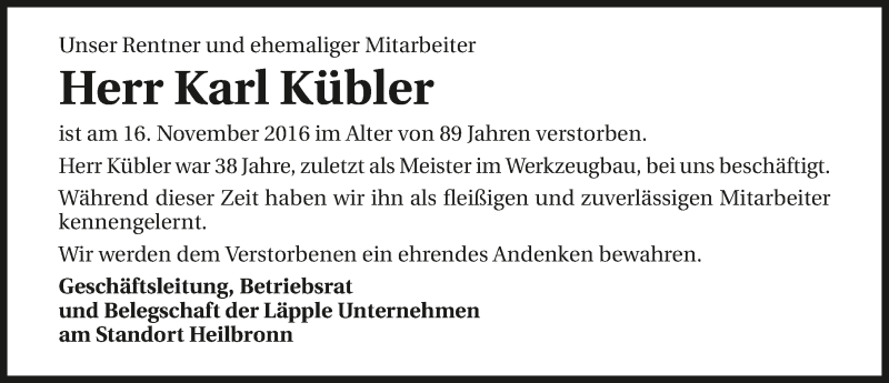  Traueranzeige für Karl Kübler vom 24.11.2016 aus 