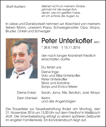 Traueranzeige von Peter Unterkofler 