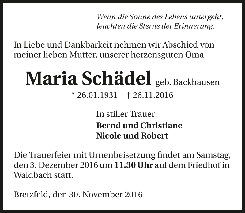  Traueranzeige für Maria Schädel vom 30.11.2016 aus 