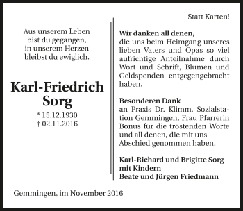 Traueranzeige von Karl-Friedrich Sorg 