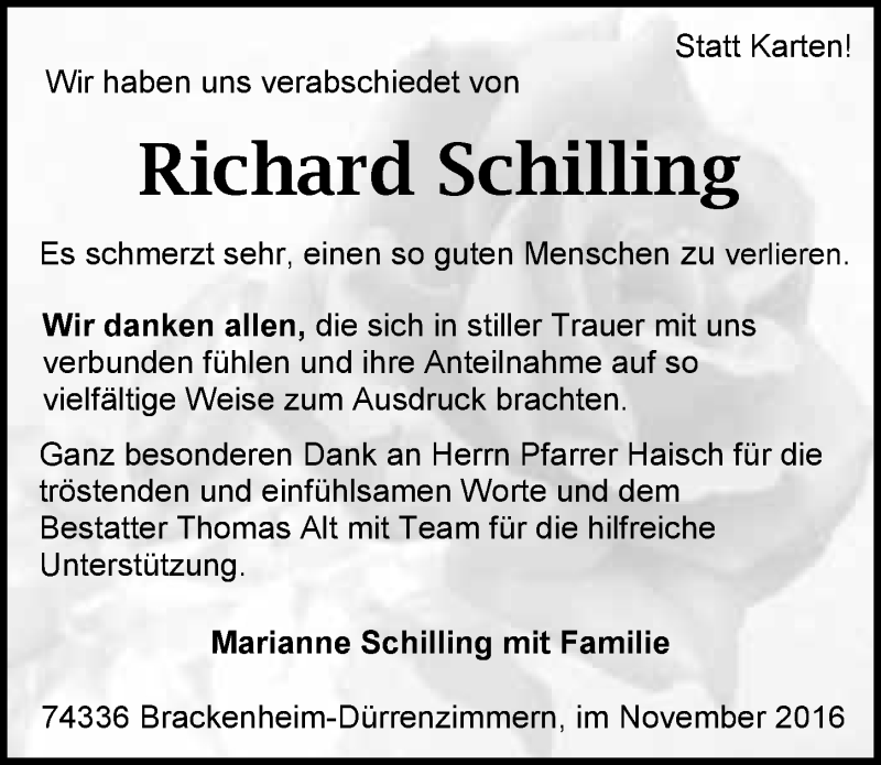  Traueranzeige für Richard Schilling vom 19.11.2016 aus 