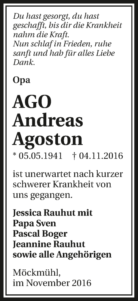  Traueranzeige für Andreas Agoston vom 12.11.2016 aus 