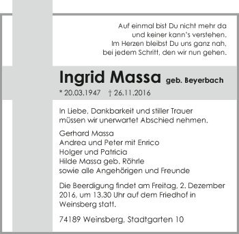 Traueranzeige von Ingrid Massa 