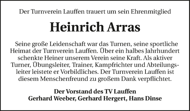  Traueranzeige für Heinrich Arras vom 29.11.2016 aus 