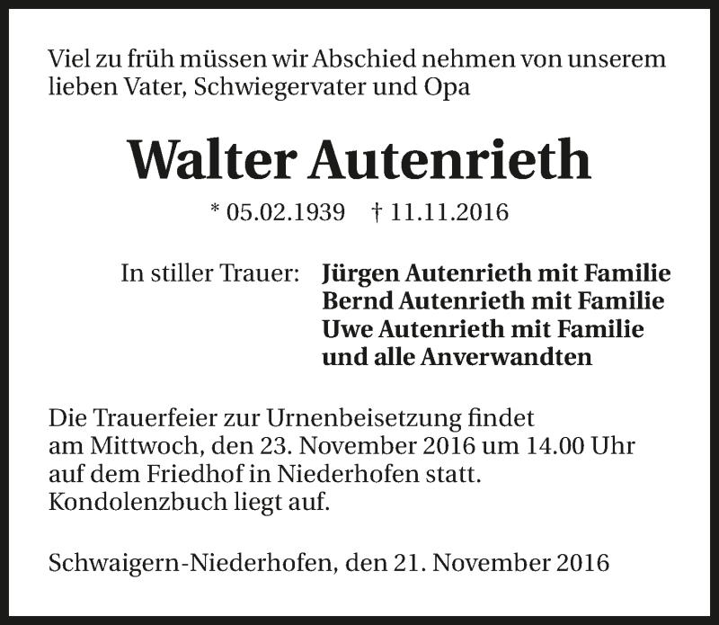  Traueranzeige für Walter Autenrieth vom 21.11.2016 aus 