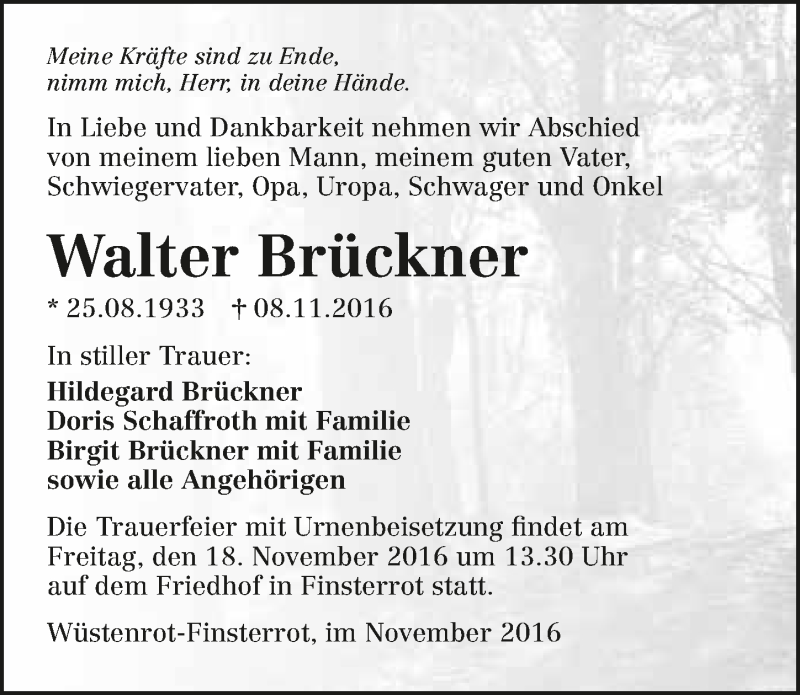  Traueranzeige für Walter Brückner vom 15.11.2016 aus 