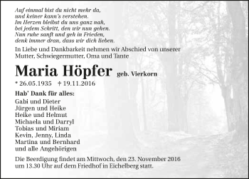Traueranzeige von Maria Höpfer 