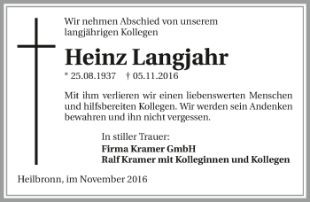 Traueranzeige von Heinz Langjahr 