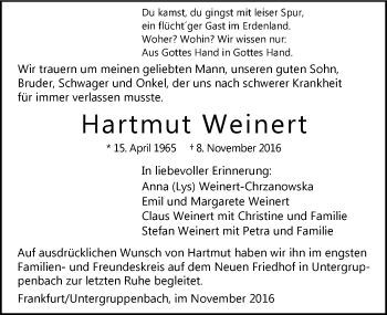Traueranzeige von Hartmut Weinert 
