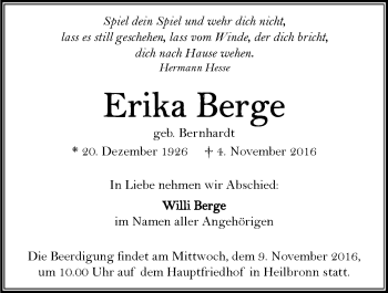 Traueranzeige von Erika Berge 