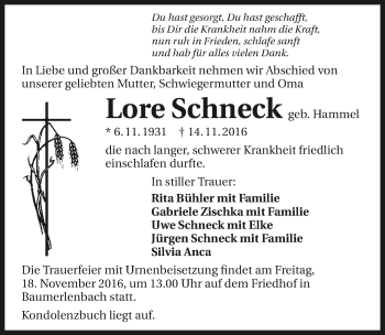 Traueranzeige von Lore Schneck 