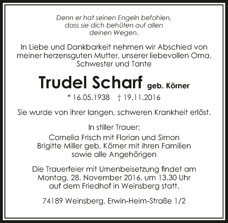  Traueranzeige für Trudel Scharf vom 23.11.2016 aus 