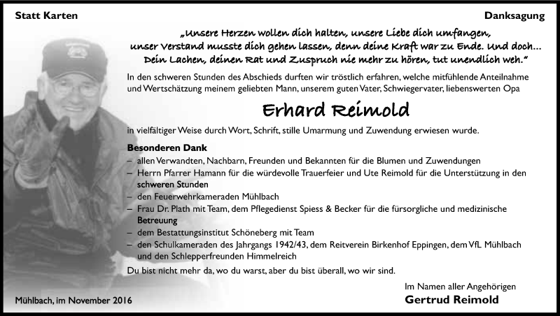  Traueranzeige für Erhard Reimold vom 12.11.2016 aus 