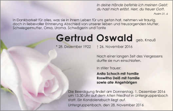 Traueranzeige von Gertrud Oswald 