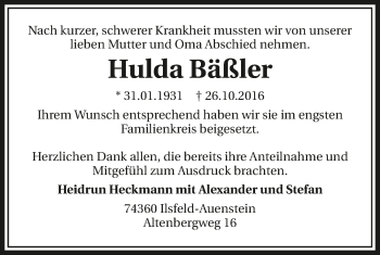 Traueranzeige von Hulda Bäßler 