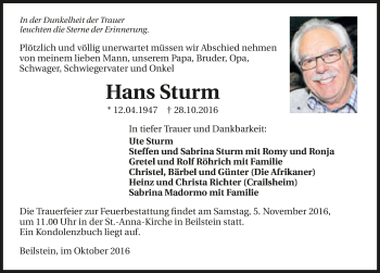 Traueranzeige von Hans Sturm 