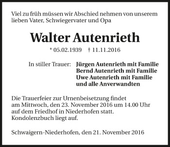 Traueranzeige von Walter Autenrieth 