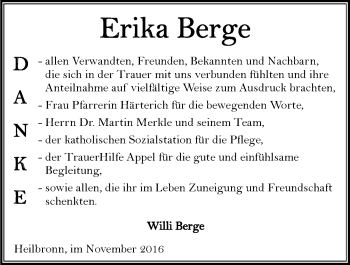 Traueranzeige von Erika Berge 
